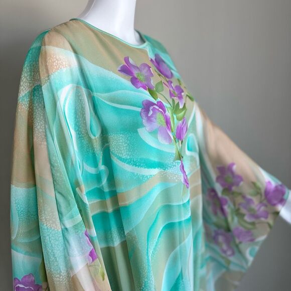 VTG 1970’s Floral Printed Chiffon Maxi Kaftan Dress - Picture 5 of 11